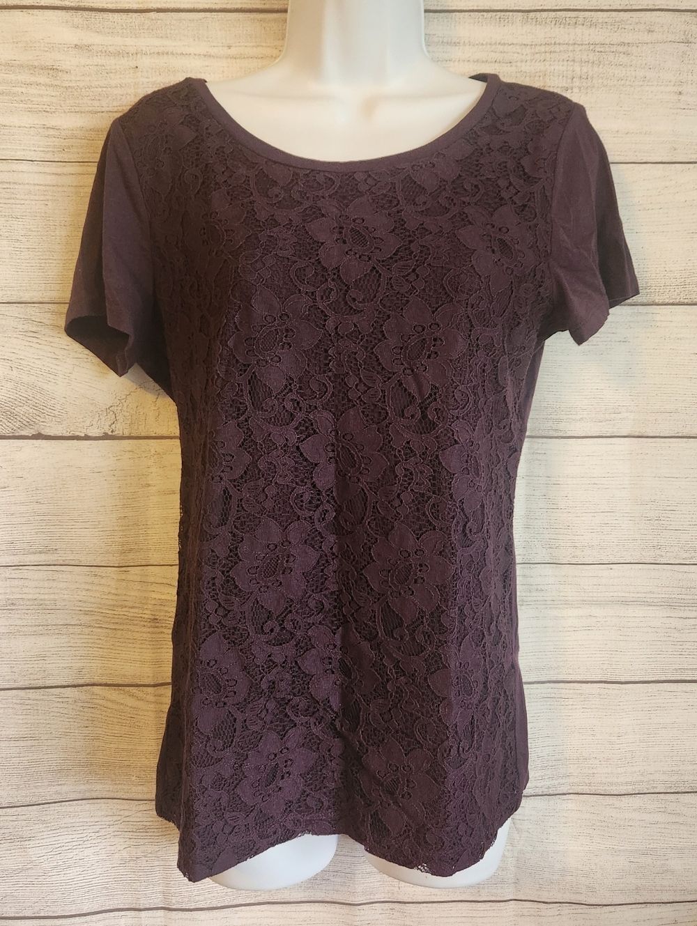 LOFT S Plum Lace Front Top Romantic Feminine Short Sleeve Chic Blouse